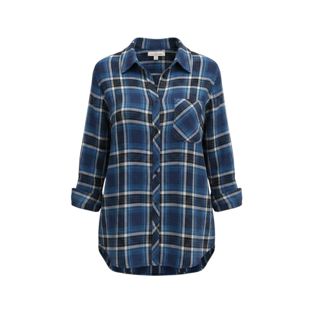 Casacabana Blue Plaid Rayon Button Down Shirt Womens XXL Long Sleeve Pocket Top